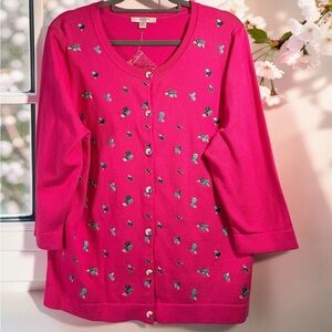 Liz Claiborne Womens Embroidered Cardigan Pink Sweater Sz L